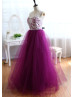 Ivory Lace Plum Tulle Full Length Prom Dress